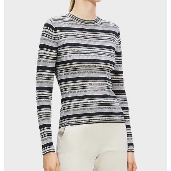 Theory Striped Rib Knit Top in Washable Silk - Picture 9 of 11